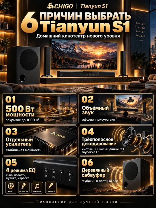 Нет бренда Саундбар CHIGO Tianyun S1 2.1 для телевизора, 500 Вт, 500 Вт, фото 2