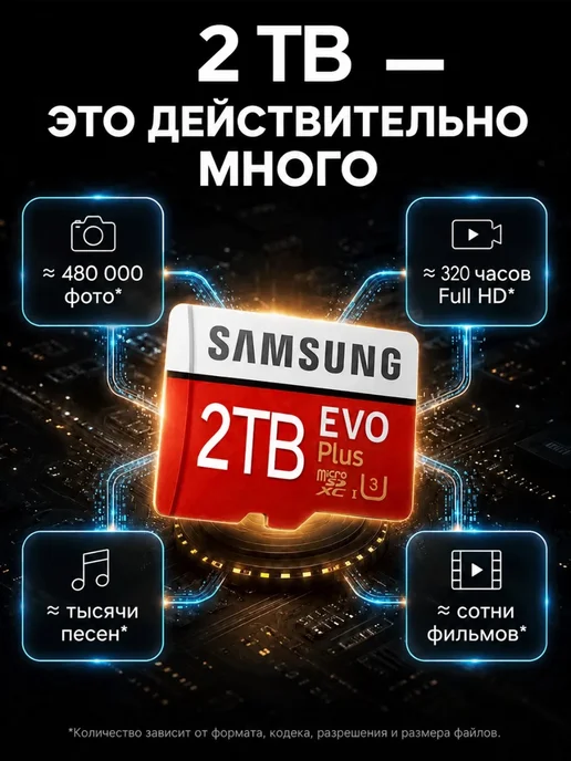 Карта памяти microSD 2 ТБ Samsung для телефона и камеры, 2 ТБ, фото 5