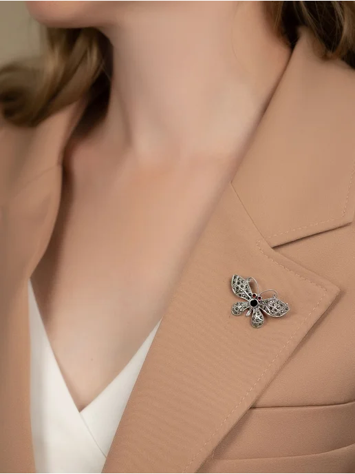 Milana silver Брошь серебро с гранатом, марказитом, ониксом, серебристый, фото 4