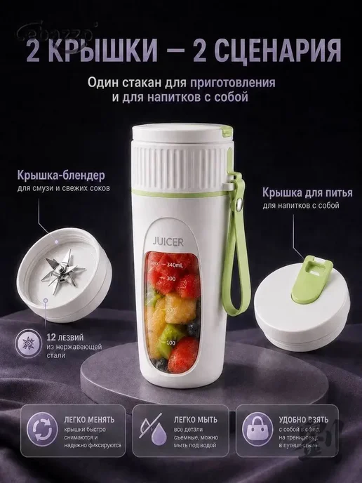 Блендер для смузи и коктейлей портативный беспроводной, фиолетовый, фото 2
