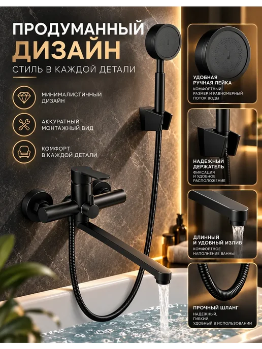 Grohe Смеситель для ванны с душем настенный однорычажный G608, черный, фото 8