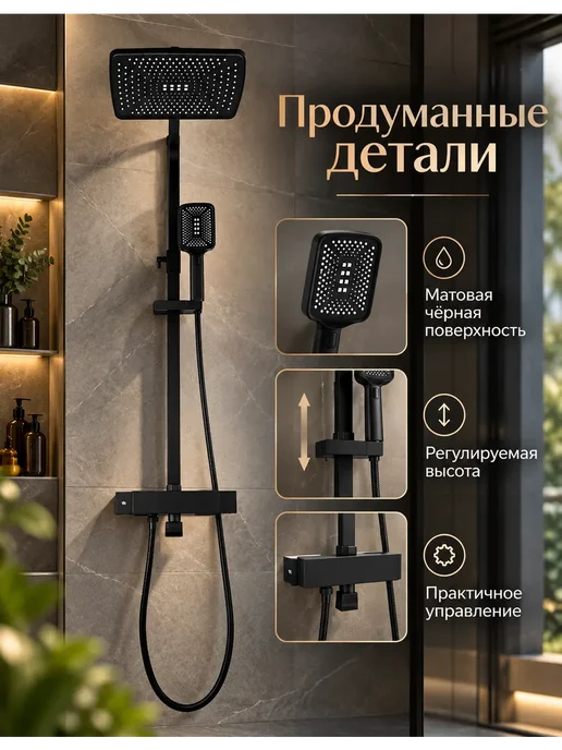 Grohe Душевая система золотой,3 в 1 с тропическим душем, черный, фото 7