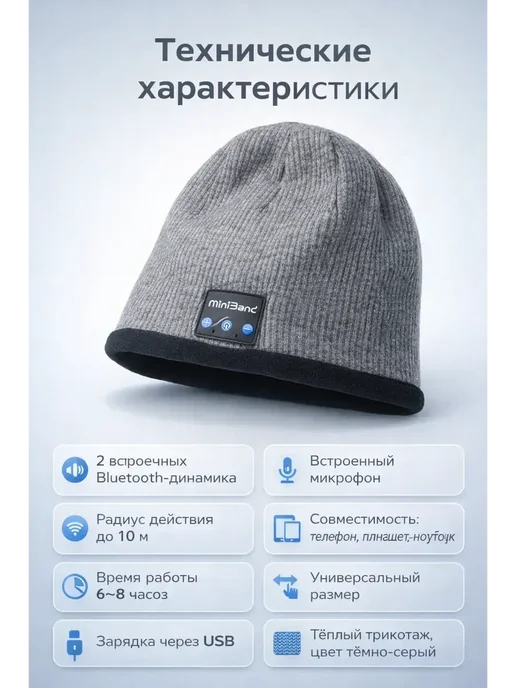 ЖК88 Шапка с Bluetooth наушниками беспроводная, серый, фото 3