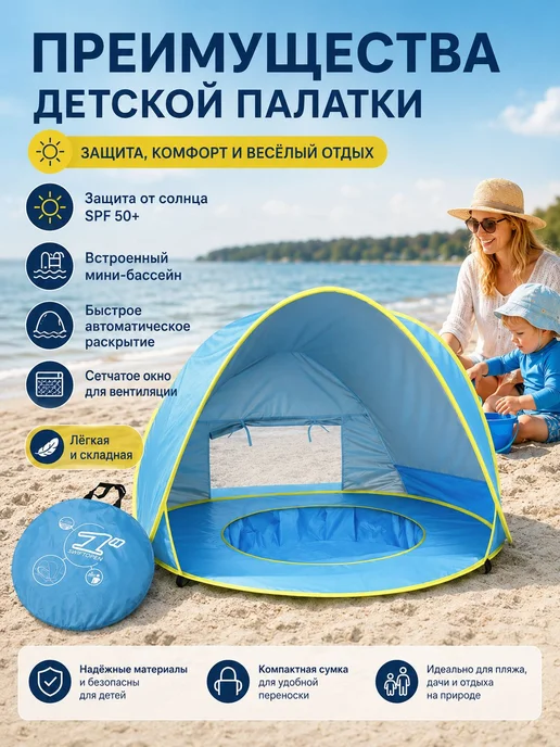 Тентукрытие для малышей на пляже и даче складной, 1 комплект, синий, фото 2