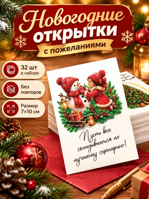 НашМирОткрытКа Открытки новогодние мини с пожеланиями 32 шт, 32 шт