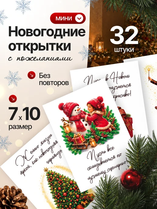НашМирОткрытКа Открытки новогодние мини с пожеланиями 32 шт, 32 шт, фото 2