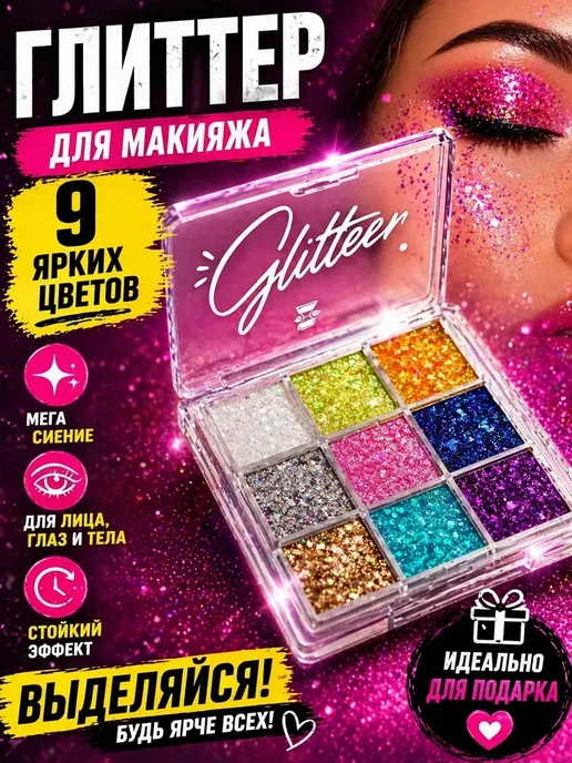 МАЛИКОН Глиттер для макияжа палетка блесток для лица и глаз, синий, фото 2