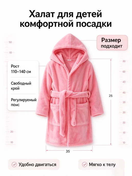 Детский махровый халат с капюшоном, розовый