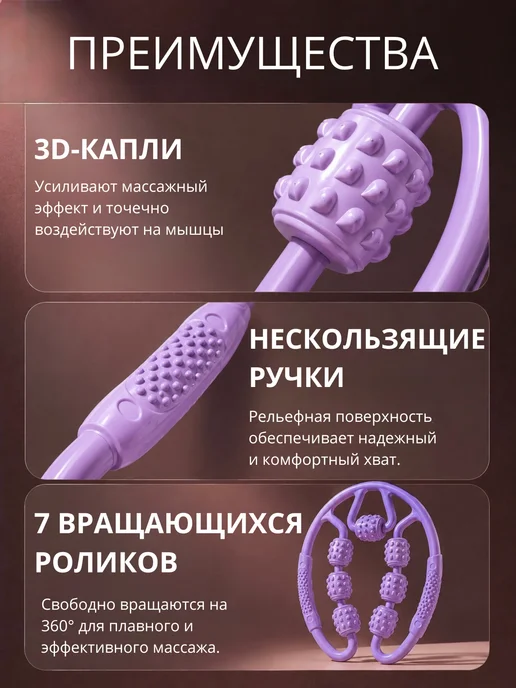 Массажер для тела роликовый, ручной антицеллюлитный, фиолетовый, фото 3