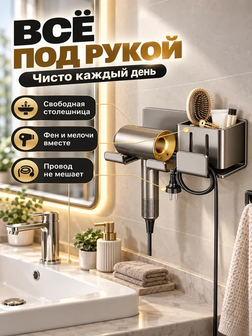 Держатель для фена и зубных щеток в ванную без сверления, серый, фото 3