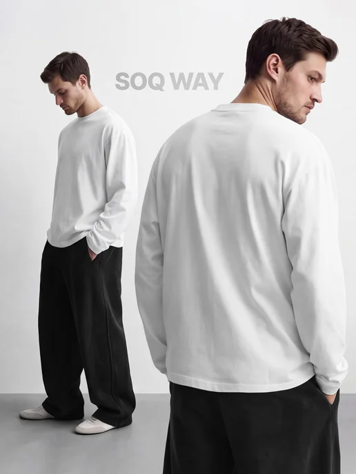 SOQ WAY Лонгслив оверсайз хлопок плотный, белый, фото 3