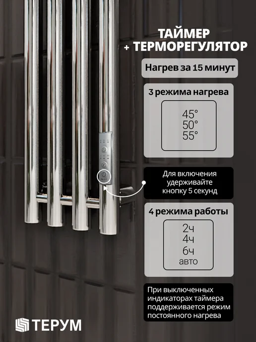 ТЕРУМ Полотенцесушитель электрический графит 1500х180, хром, фото 3