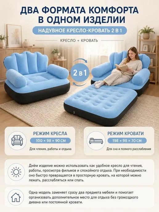 Надувное кресло-кровать 2 в 1 для дома и дачи, синий, в упаковке 1 кг, фото 2