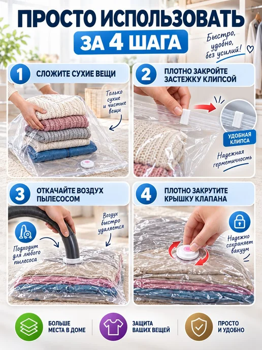 Вакуумный пакет для хранения одежды 50х60 см, 50x60 см, фото 3