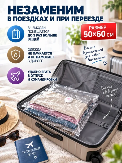 Вакуумный пакет для хранения одежды 50х60 см, 50x60 см, фото 5
