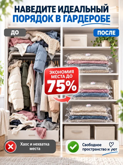 Вакуумный пакет для хранения одежды 50х60 см, 50x60 см, фото 8