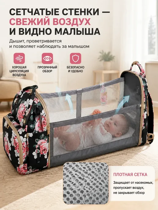 Мамский рюкзак трансформер люлька 3в1, дорожная кроватка, черный, фото 4