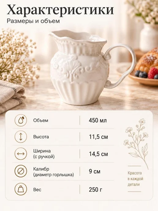 Питчер для молока 450 мл фарфоровый соусник молочник, 450 мл, фото 2