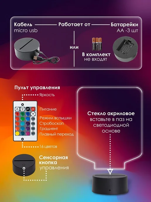 Ночник Подарок "Кот". Светильник 16 цветов RGB с пультом упр, 16 цв., фото 2