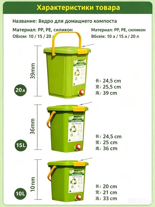 Компостер 20 л, 24.5x39 см, 24.5x39 см, 20 л, фото 2