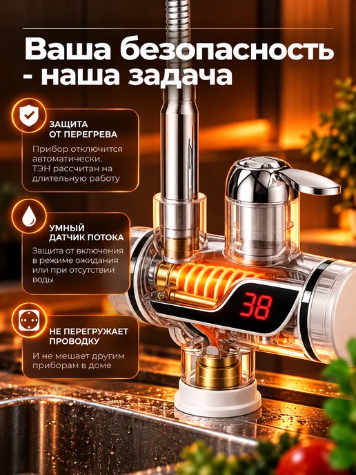 Водонагреватель проточный для кухни кран электрический, белый, фото 4