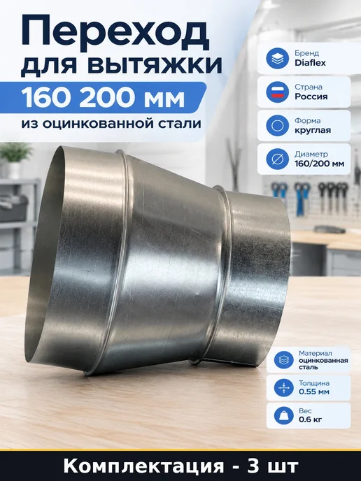 Набор Переходник вентиляционный 160 200 мм оцинкованный 3 шт, 3 шт