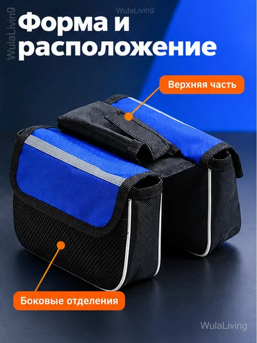 Двусторонняя велосумка на раму с карманами, синий, фото 3