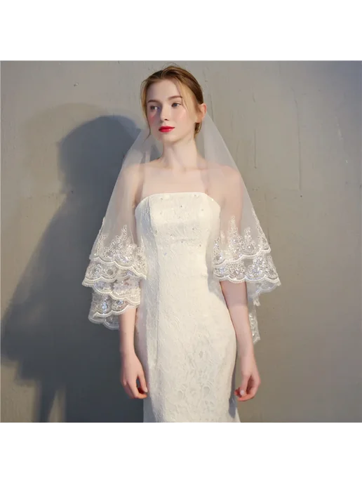 VINOPROM Кружевная двухъярусная свадебная вуаль Ivory, бежевый, фото 2