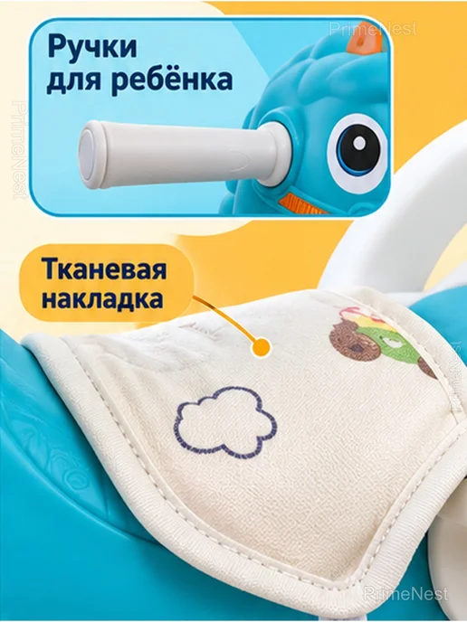Лошадка-качалка 2 в 1 с колёсами и родительской ручкой, синий, фото 5