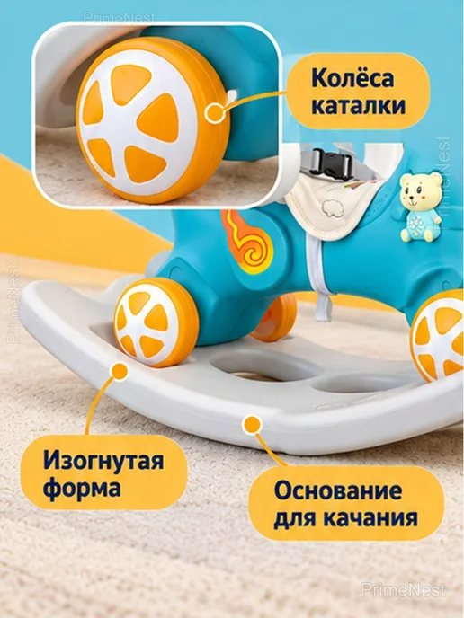 Лошадка-качалка 2 в 1 с колёсами и родительской ручкой, синий, фото 6