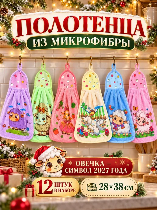 Полотенца кухонные год символа Овечка- 2027 для рук набор, 12 шт, фото 4