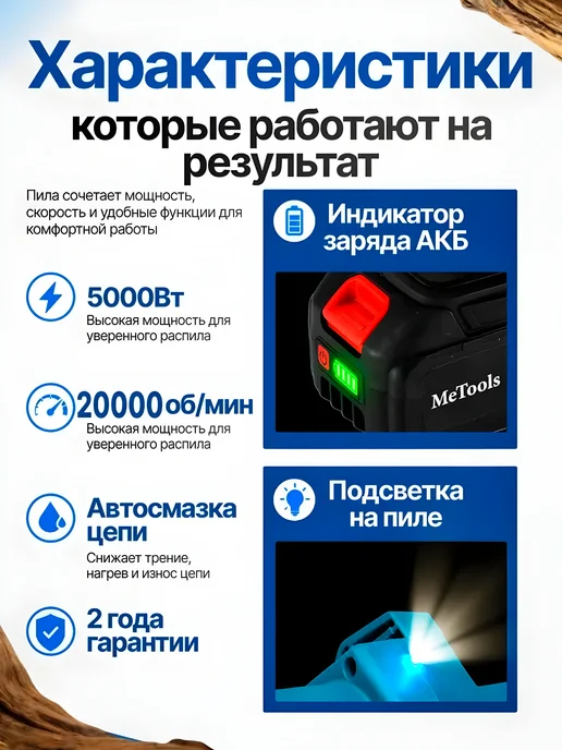 Пила аккумуляторная садовая цепная 6 8 бесщеточная 2 АКБ, синий, фото 5