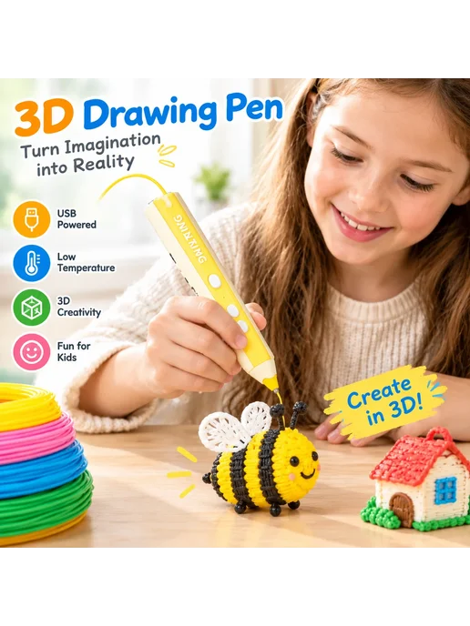 Нет бренда Беспроводная 3D-ручка USB для детей Pink with Box, зеленый, фото 3
