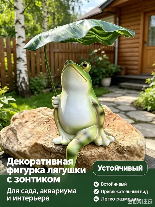 Фигурка лягушки с зонтиком садовая бирюзово-зеленая, зеленый, фото 3