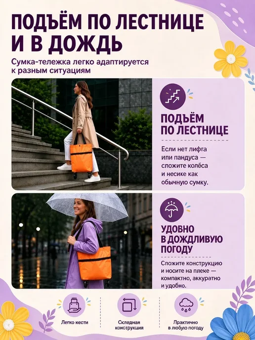 сумка тележка хозяйственная на колесах складная, оранжевый, фото 3