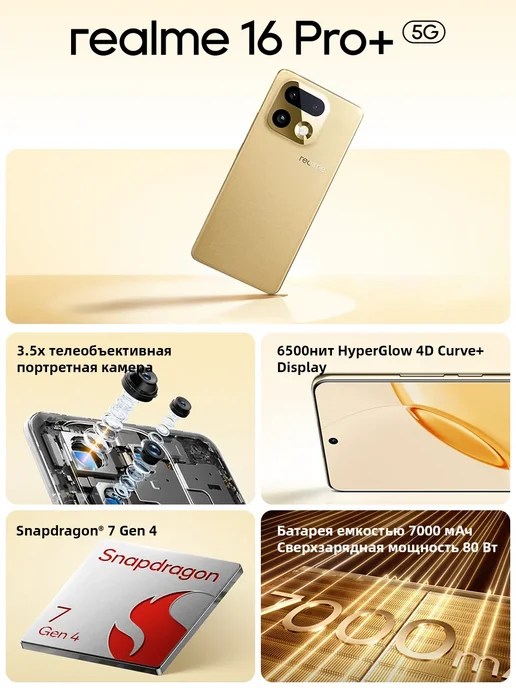 Смартфон realme 16 Pro Plus 8/256 ГБ, золотой, фото 3