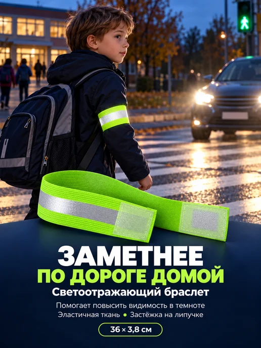 АйНУРУ Светоотражающий браслет на липучке безопасность для детей, зеленый, фото 2