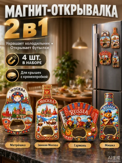 Магнит-открывалка на холодильник Москва 2 в1, сувенир из для, оранжевый