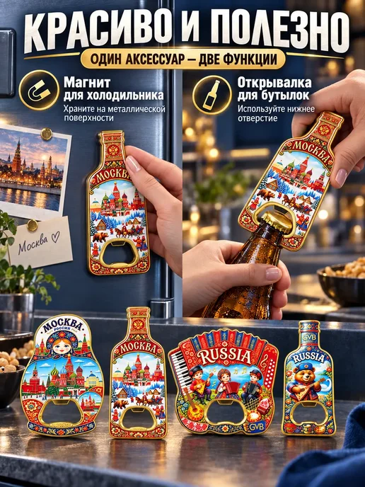 Магнит-открывалка на холодильник Москва 2 в1, сувенир из для, оранжевый, фото 5
