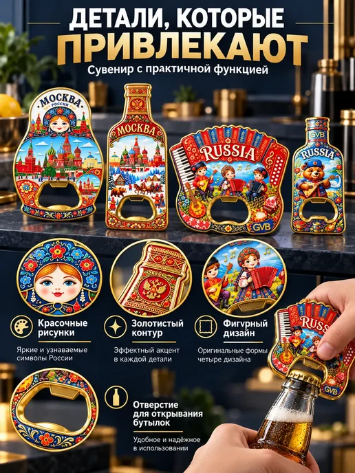 Магнит-открывалка на холодильник Москва 2 в1, сувенир из для, оранжевый, фото 7