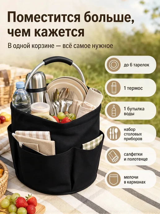 Корзонка для пикника, черный, фото 4