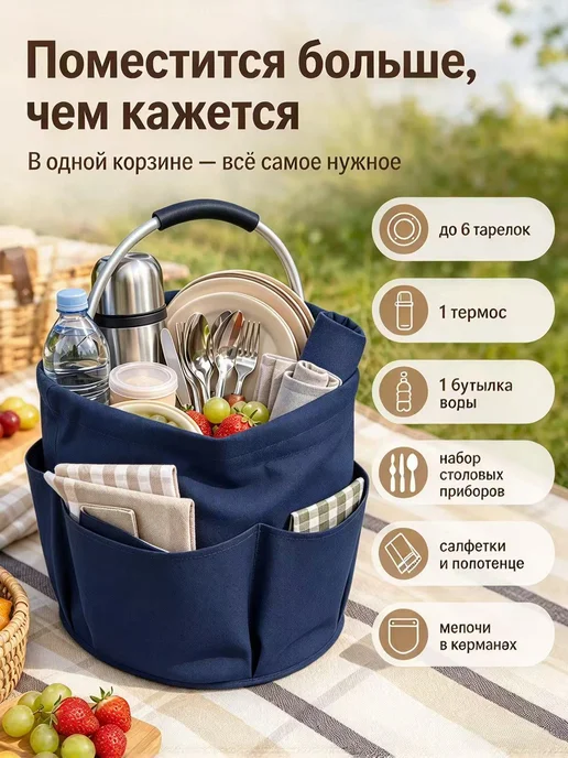 Корзонка для пикника, голубой, фото 3