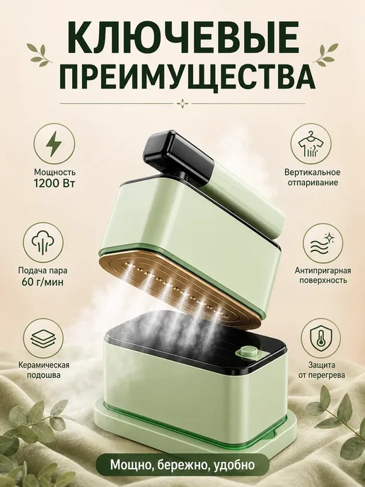 Отпариватель для одежды ручной утюг дорожный складной, зеленый, фото 5