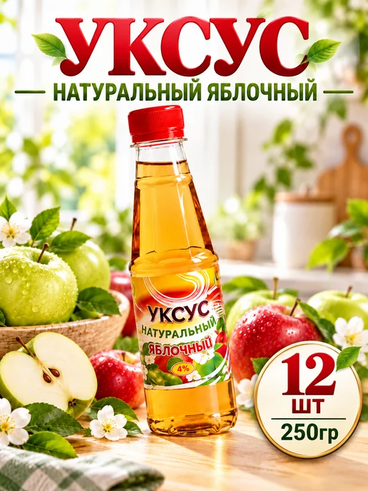 Сибирский уксус Уксус яблочный натуральный 4%, 12 шт, 12 шт