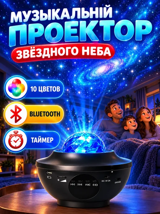 Проектор ночник лазерный звездное небо с ПДУ, черный