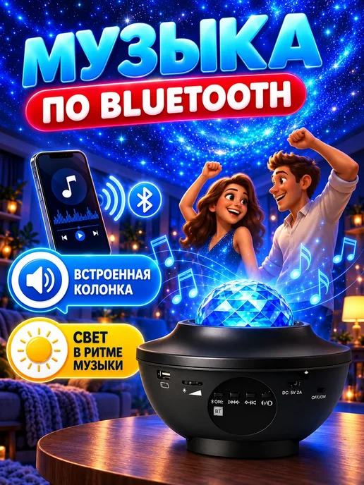 Проектор ночник лазерный звездное небо с ПДУ, черный, фото 2