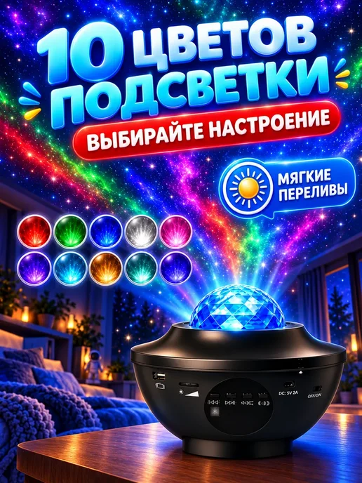 Проектор ночник лазерный звездное небо с ПДУ, черный, фото 3