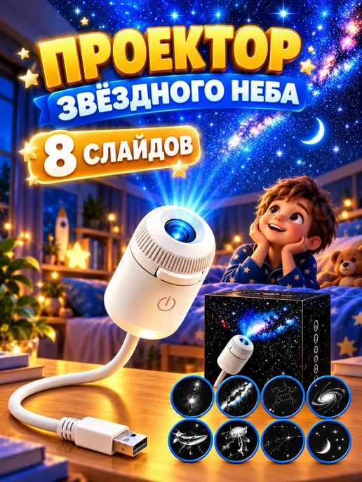 Проектор Звездное небо ночник, 8 проекций, белый