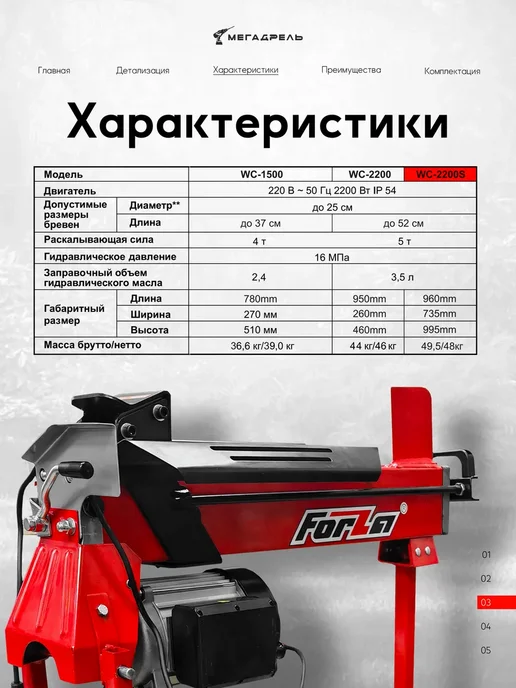 Forza Дровокол электрический WC-2200S 2200 Вт усилие 5 т, до 52 см, 2200 Вт, фото 4