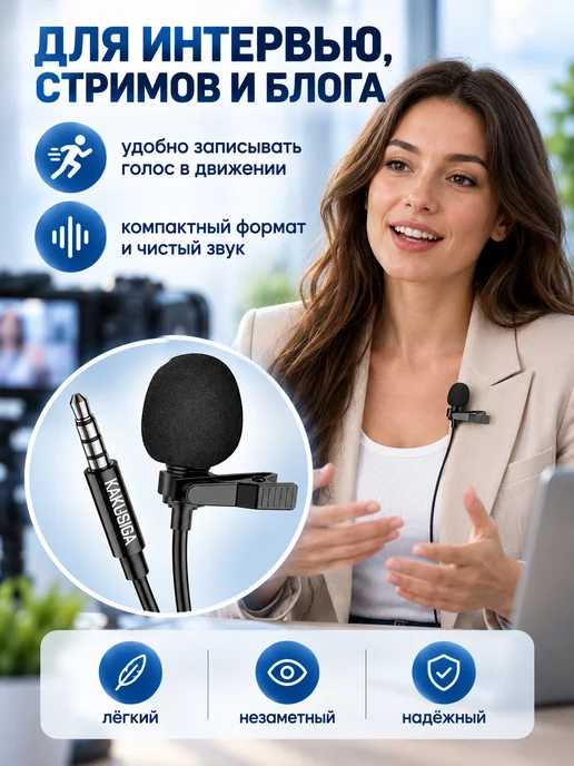 Петличный микрофон 3.5 мм с клипсой кабель 2 м, 2 м, фото 8